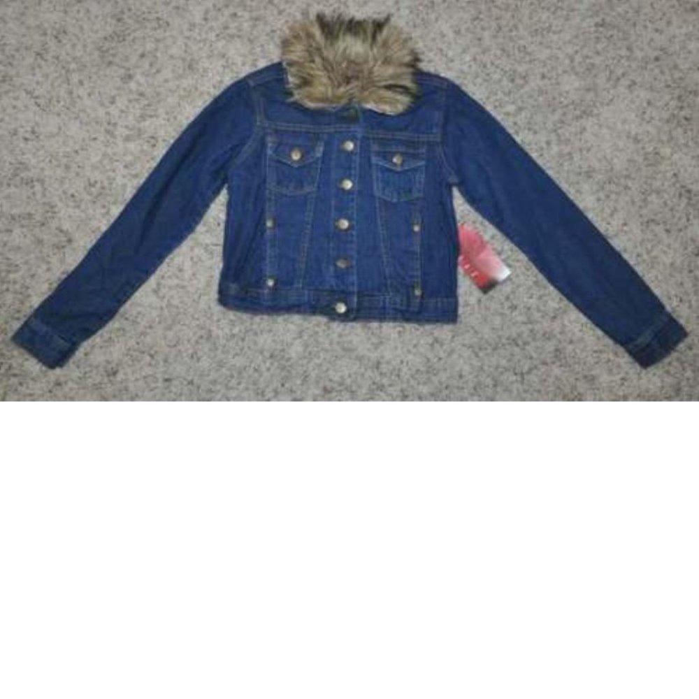 Girls Jean Jacket 4 Blue Button Front Fur Collar Long Sleeve Denim Shampoo